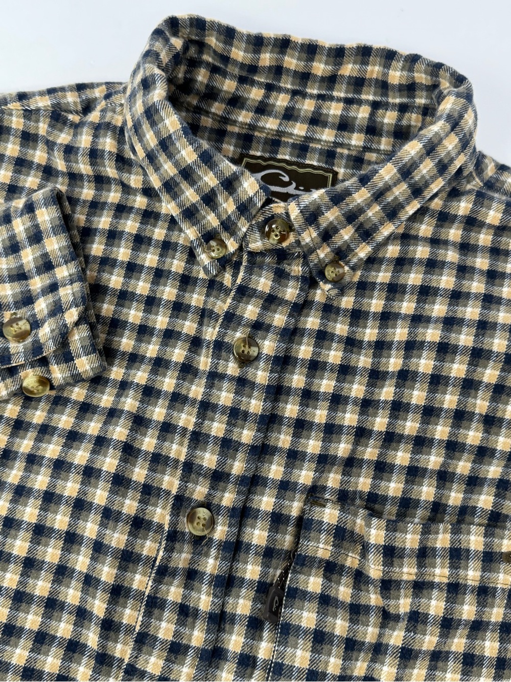 Drake Men’s Size Large Navy/Tan Plaid Flannel Button Up Long Sleeve Pocket N8
